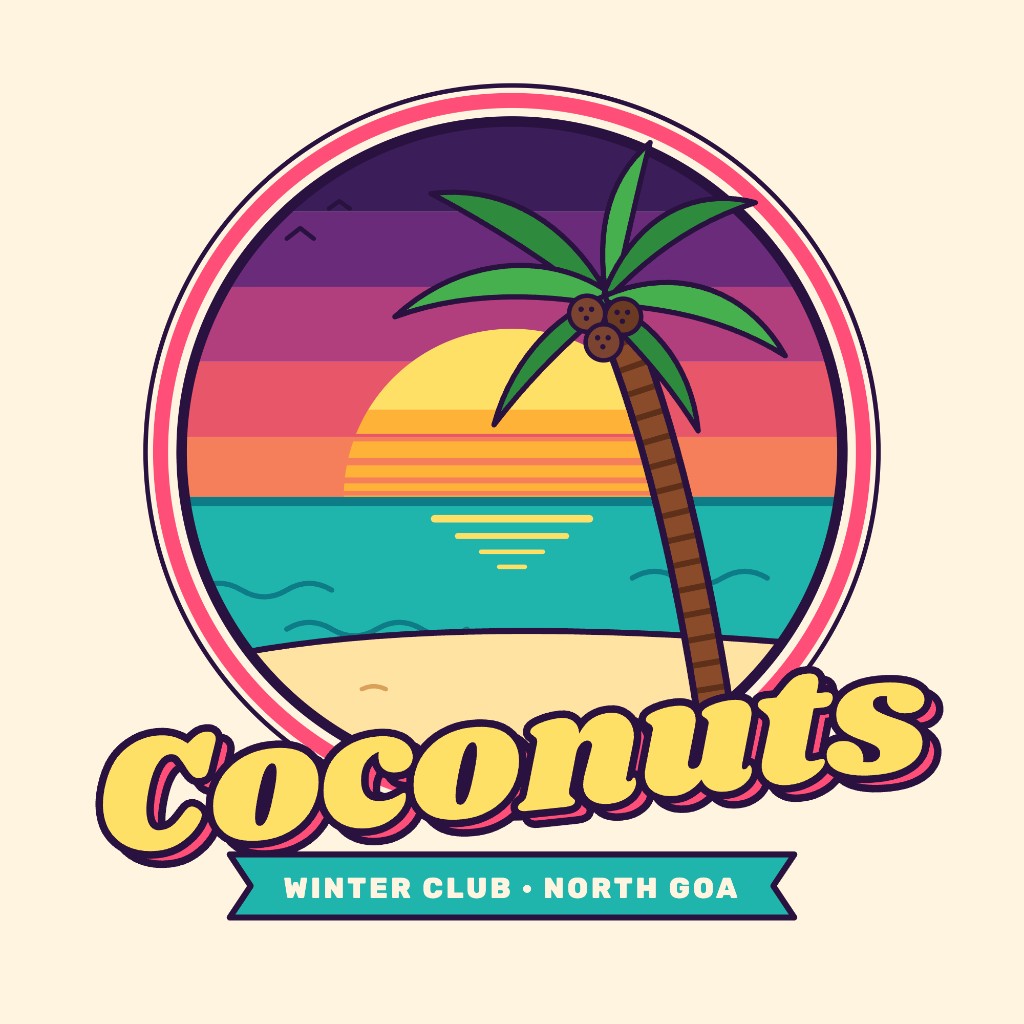 Coconuts badge. A leaning palm with three coconuts against a striped sunset. Winter club, North Goa.